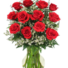 Red roses arranged in a clear glass vase