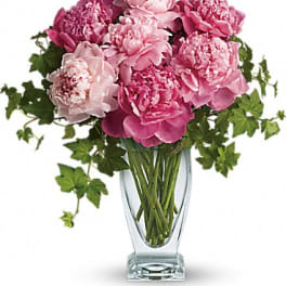 Pink peonies arranged in a clear glass vase with trailing ivy