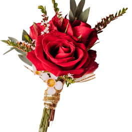 Red rose boutonniere with small white accents and gold ribbon wrap
