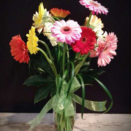Bouquet of colorful gerbera daisies in a glass vase