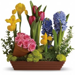 Mixed bouquet with pink roses, tulips, irises, and hyacinths in a rectangular planter