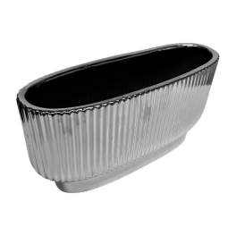 Silver ribbed ceramic planter with a black interior