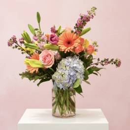 Mixed bouquet in a clear glass vase with pink, orange, and blue blooms