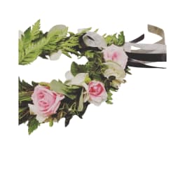 Pink and white floral crown with ribbon ties