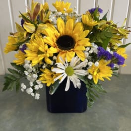 Sunflower and daisy bouquet in a dark blue vase