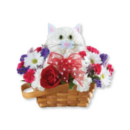 White cat-shaped floral basket with red, white, and purple flowers