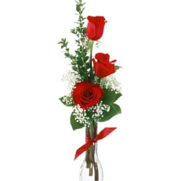 Three red roses in a clear glass vase with baby's breath and a red ribbon