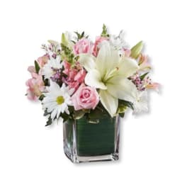 Pink and white mixed flowers arranged in a square glass vase