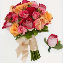 Bouquet of pink and peach roses with a ribbon-wrapped stem and matching boutonniere