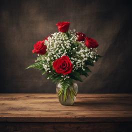 Red roses arranged in a clear glass vase with white baby's breath