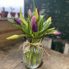 Mixed tulips in a clear glass vase tied with twine