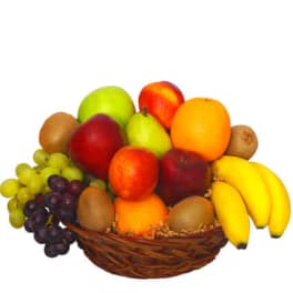 Fruit basket with apples, bananas, grapes, and kiwis