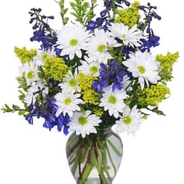 Bouquet of white daisies and blue flowers in a glass vase