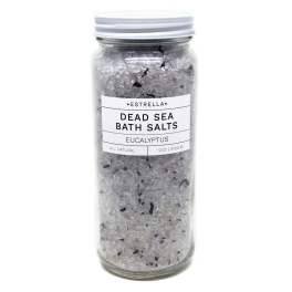 Glass jar of Estrella Dead Sea eucalyptus bath salts with white label