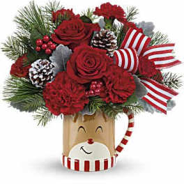 Red roses and carnations in a festive reindeer mug with striped ribbon