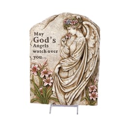 Decorative angel plaque with pink flowers and the text "May God's Angels watch over you..."