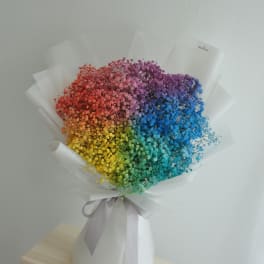 Rainbow bouquet of dyed baby's breath wrapped in white paper