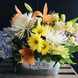 Mixed bouquet in a metal container with lilies, daisies, roses, and hydrangea