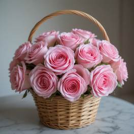 Basket of pink roses with a woven handle
