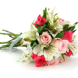 Bouquet of pink roses and white lilies with green foliage