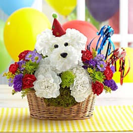 White teddy bear in a basket surrounded by colorful flowers and balloons