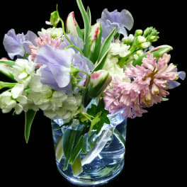 Small vase arrangement of pastel tulips, stock, hyacinth, and sweet peas on a black background