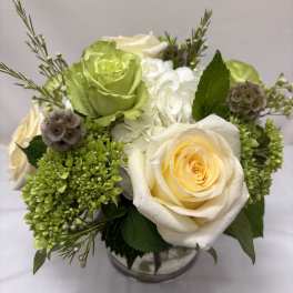 Compact arrangement of ivory and green roses with white hydrangea in a clear glass vase