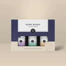 Boxed Work Buddy essential oils gift set with three small bottles in a navy and beige package