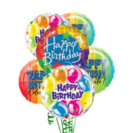 Cluster of colorful birthday balloons with "Happy Birthday" text
