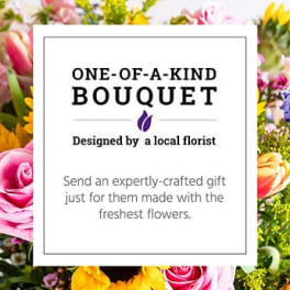 Bouquet promo card over a colorful flower background