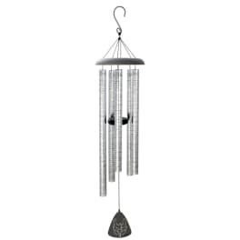 Silver wind chime with hanging metal tubes and a black clapper