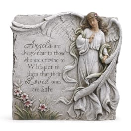 Angel memorial plaque with engraved flowers and sympathy text