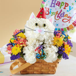 White flower cat arrangement in a basket with a birthday balloon