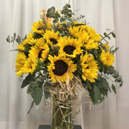 Sunflower bouquet in a glass vase with eucalyptus and raffia wrap