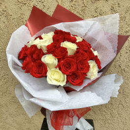 Bouquet of red and white roses wrapped in white paper with a red ribbon