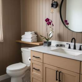 Purple orchid in a square glass vase on a bathroom counter