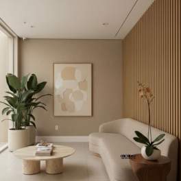 Minimalist living room with potted plants and a small orchid arrangement