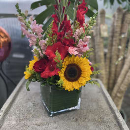 Tall mixed bouquet with sunflowers, red gladiolus, and pink snapdragons in a glass vase