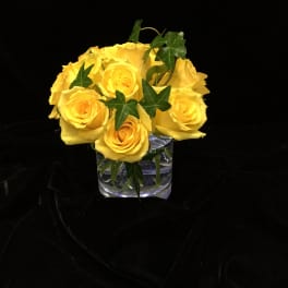 Compact arrangement of yellow roses with trailing ivy in a clear glass cube vase on black fabric.