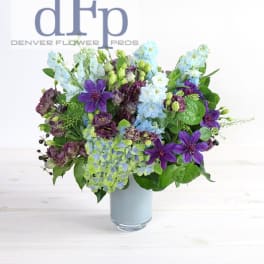 Summer purple and Blues flower arrangement with locally grown flowers