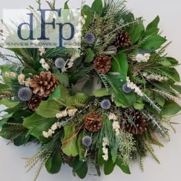 Green wreath with pinecones and small blue thistle-like accents