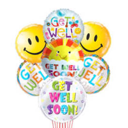 Cluster of get-well balloons with smiley faces and colorful text