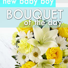 Yellow and white bouquet with lilies, roses, and daisies
