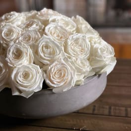 White roses arranged in a shallow gray bowl