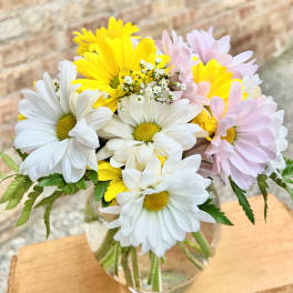Bouquet of white, yellow, and pale pink daisies in a glass vase