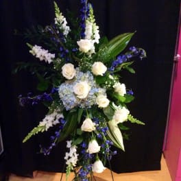 Tall standing floral spray with white roses and blue flowers on a black backdrop