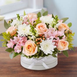 Peach roses and pink flowers arranged in a white round box