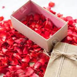 Gift boxes surrounded by red rose petals