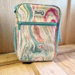 Marbled pastel lunch bag with a front zipper and teal trim