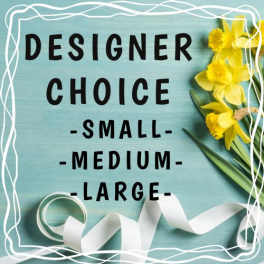 Designer choice sign with yellow daffodils and white ribbon